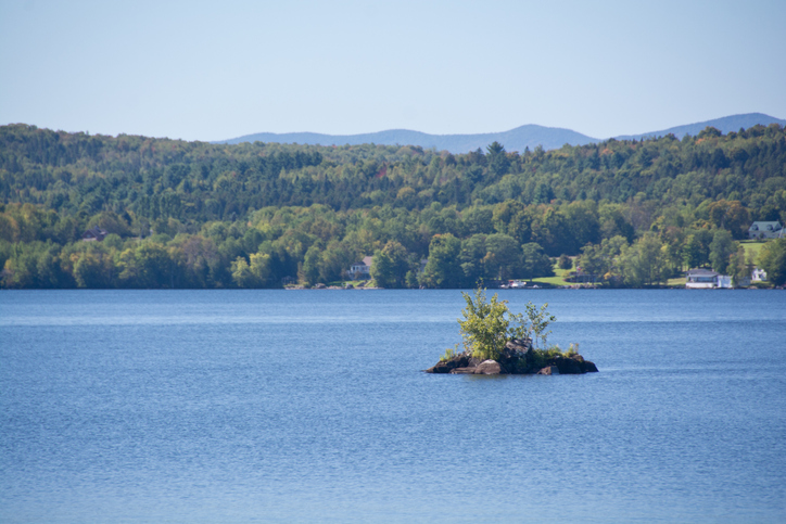 Landscape shot of Gull Rock Island on Lake Memphramagog