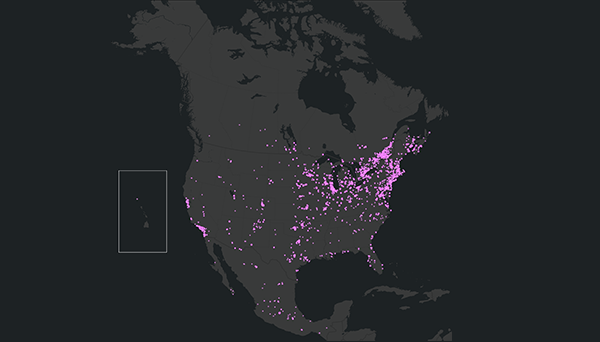 A map of North America displaying five years of Monarch Blitz observations