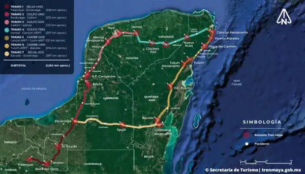 Map of the route of the Tren Maya