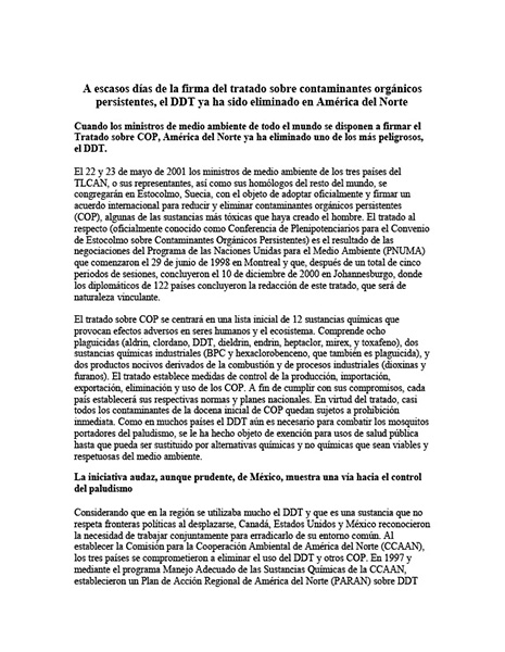 DDT Already Eliminated in North America as World Prepares to Sign POPs Treaty